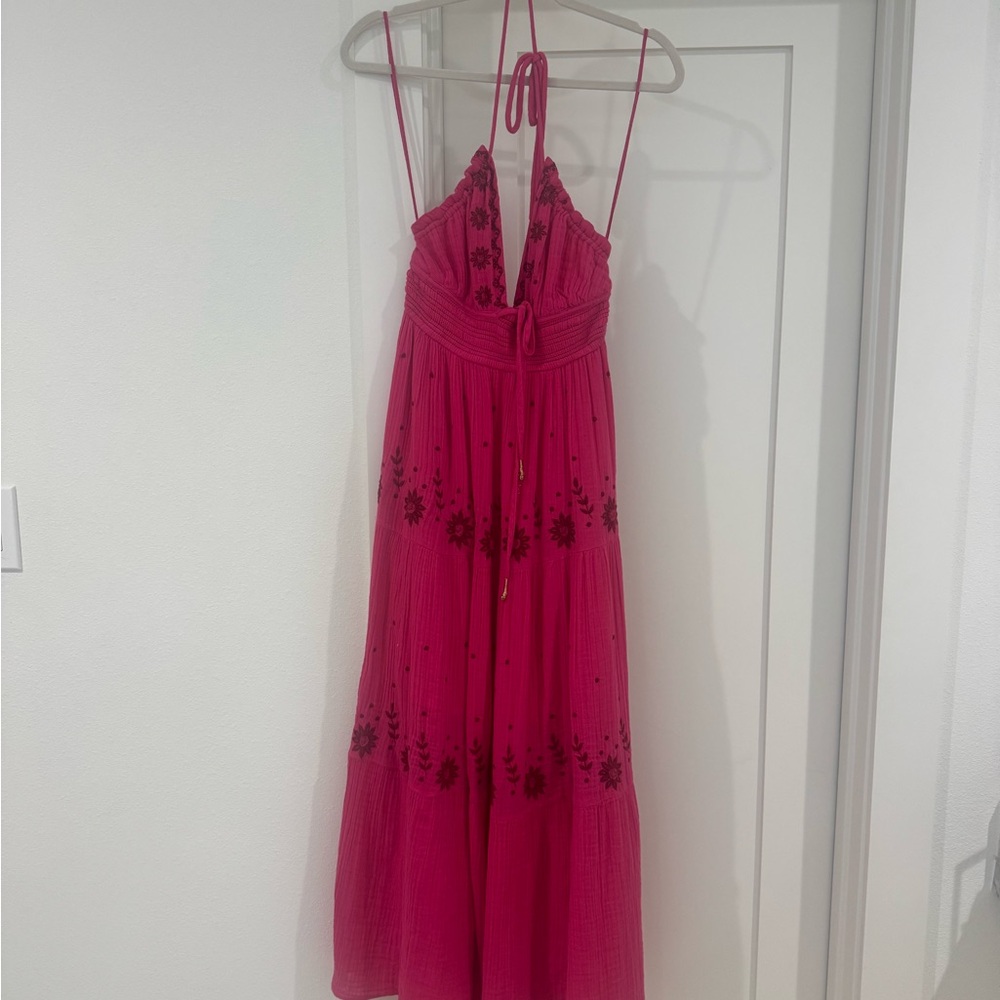 Free People Pink Backless Dress with Floral Embroidery